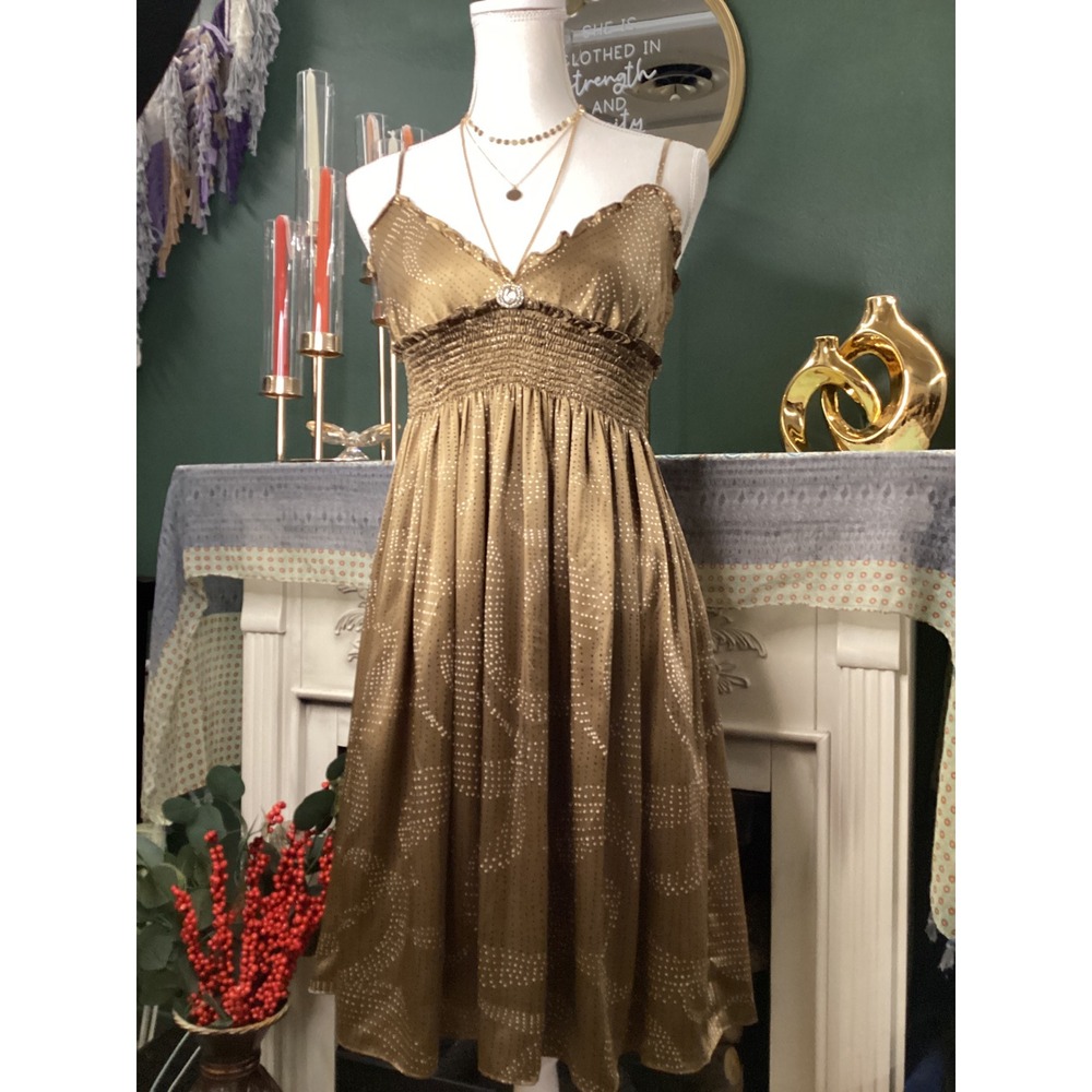 BCBGMAXAZRIA Silk Babydoll Dress Bronze Gold Polka Dot Smocked Empire Waist S